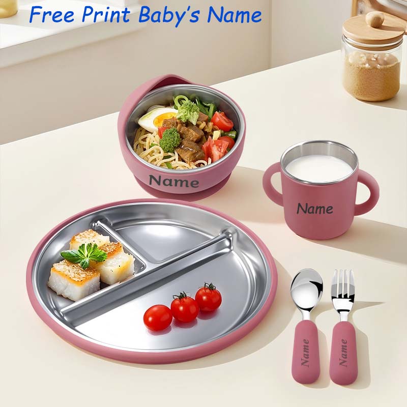 Baby Food Menu - Roestvrijstalen plaat Gepersonaliseerde naam Siliconen babyvoedingsset